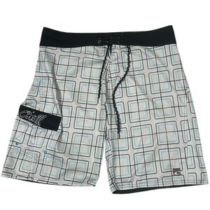 O’Neill Men’s Boardshorts Gray Black Square Print Drawstring Pockets 38in